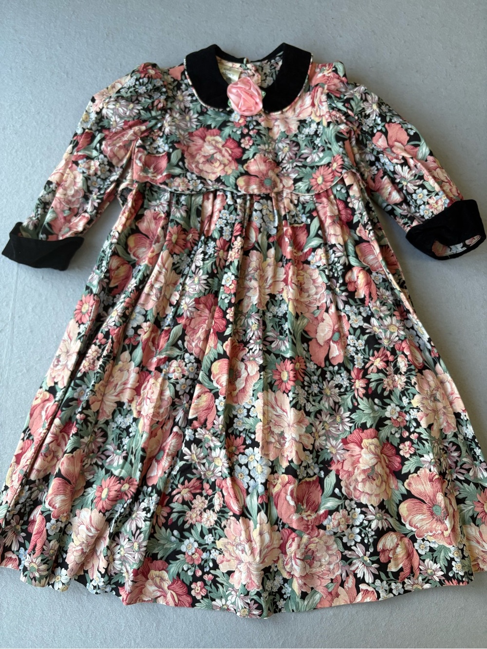 Vintage 1980s Wee Clancy Girls Floral Long Sleeve Dress Black Corduroy Collar 6